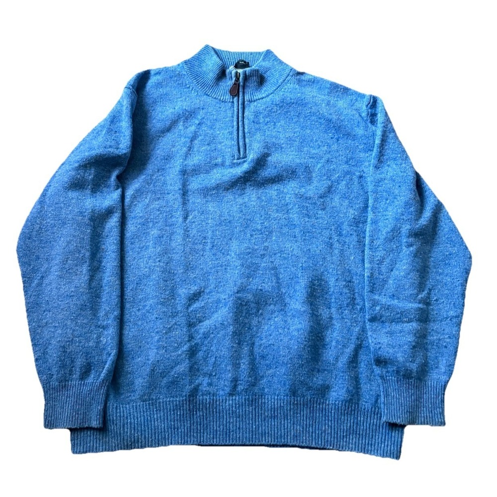 Jos A Bank‎ Sweater Mens XL Blue Mock Neck Quarter Zip Lambs Wool Knit Pullover